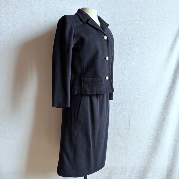 Navy Blue Wool Boxy Jacket Slim Skirt Woman's Suit - Picture 3 of 13